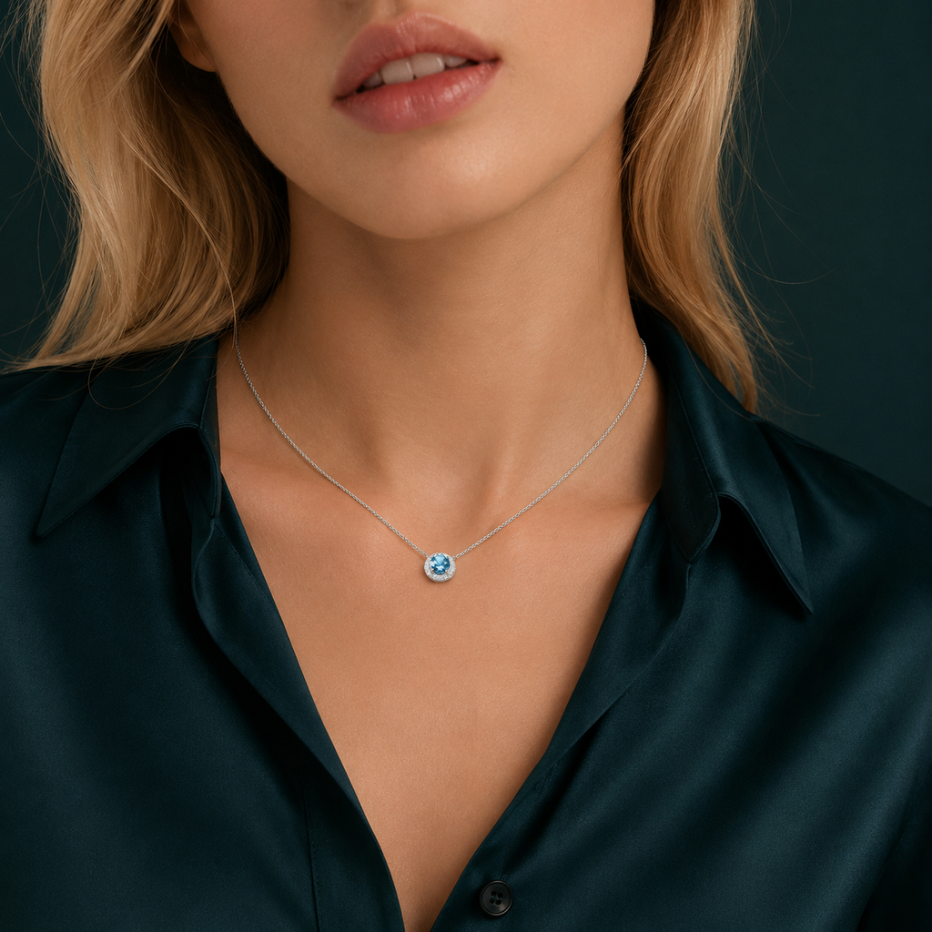 0.80 CT Round Aquamarine & Diamond Halo Necklace – 18K Gold