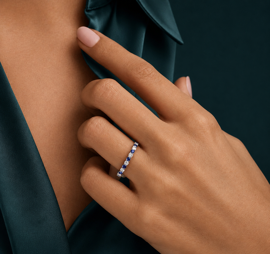 Blue Sapphire & Lab Diamond Eternity Band Ring in 18K Gold