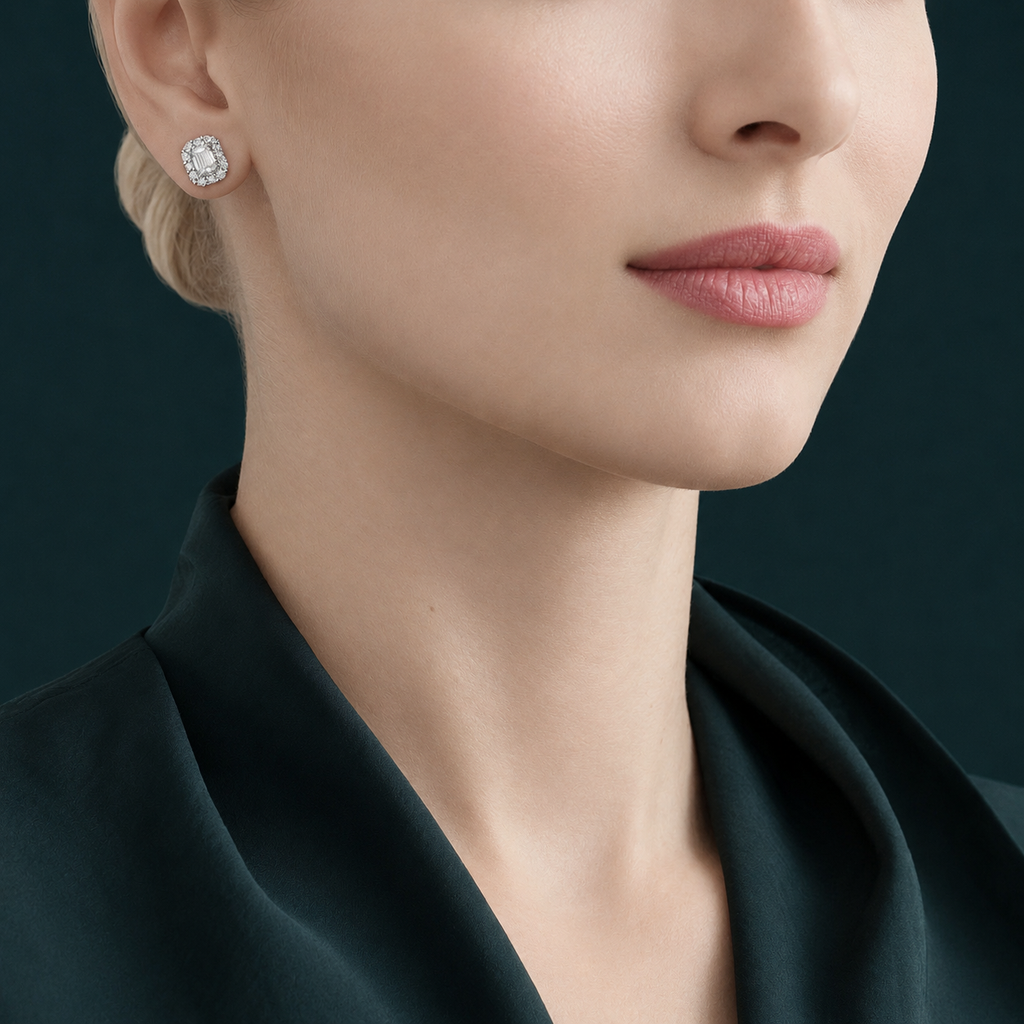 Anguroff Classic Emerald Lab Diamond Halo Stud Earrings 2.02 CTW in 18K Gold