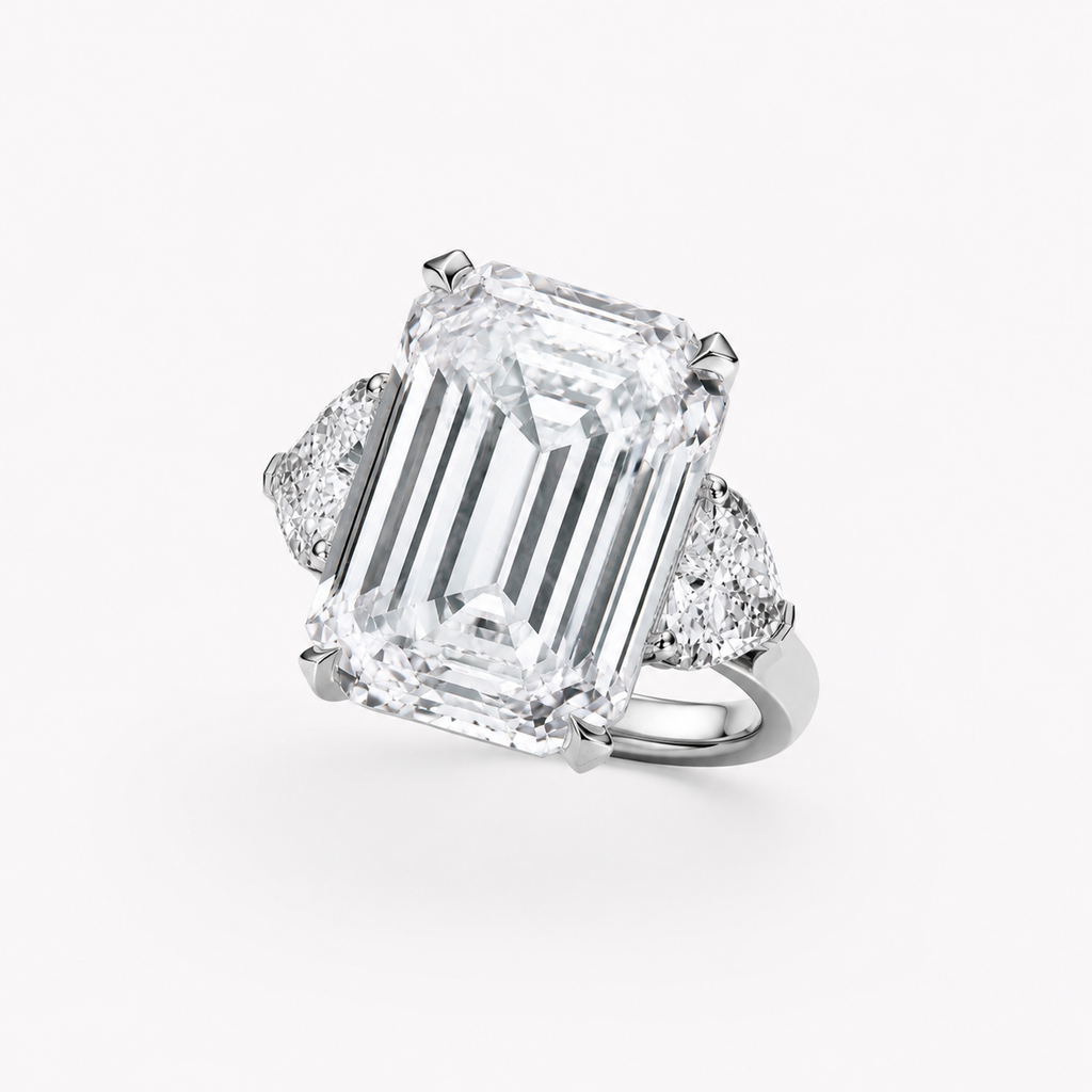 Anguroff 4.80 Carat Emerald Cut Lab Diamond Three Stone Ring in 18K Gold