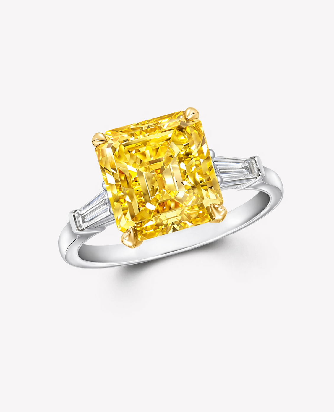 1.0 Carat Asscher Cut Fancy Vivid Yellow Lab Diamond Ring – Baguette Sides, 18K Gold | IGI Certified