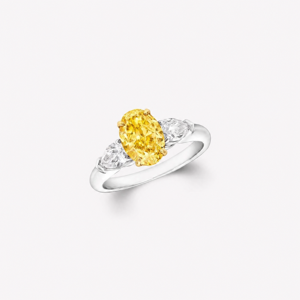 2.56 Carat Fancy Yellow Oval Diamond Ring with Pear Side Stones – IGI Certified Lab Diamond Engagement Ring in 18K Gold