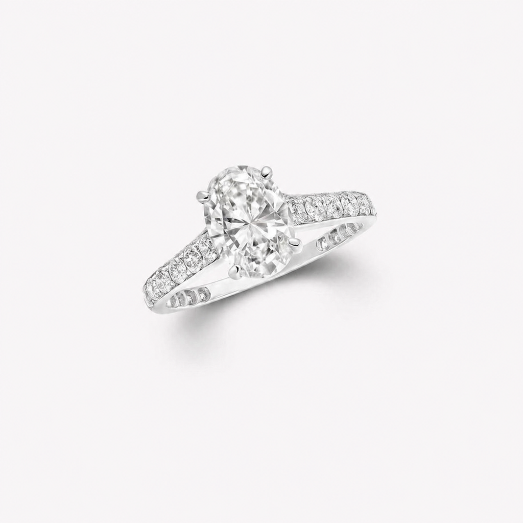 2.60 Carat Oval Cut Lab Diamond Engagement Ring with Pavé Band – IGI Certified 18K Gold Flame Setting