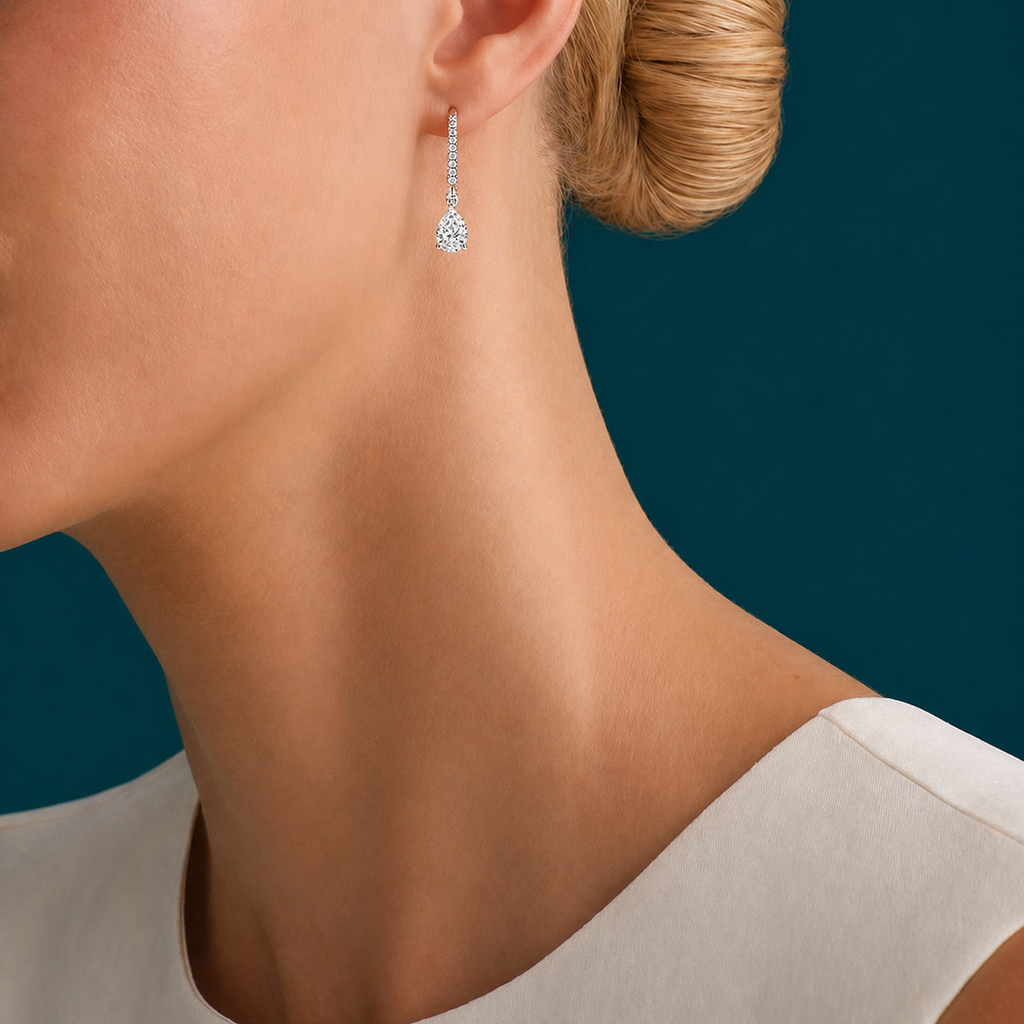 Anguroff Classic 4.00 Carat Pear Lab Diamond Drop Earrings – Pavé Swan Hooks | IGI Certified | 18K Gold