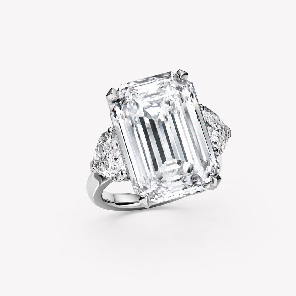 Anguroff 4.80 Carat Emerald Cut Lab Diamond Three Stone Ring in 18K Gold