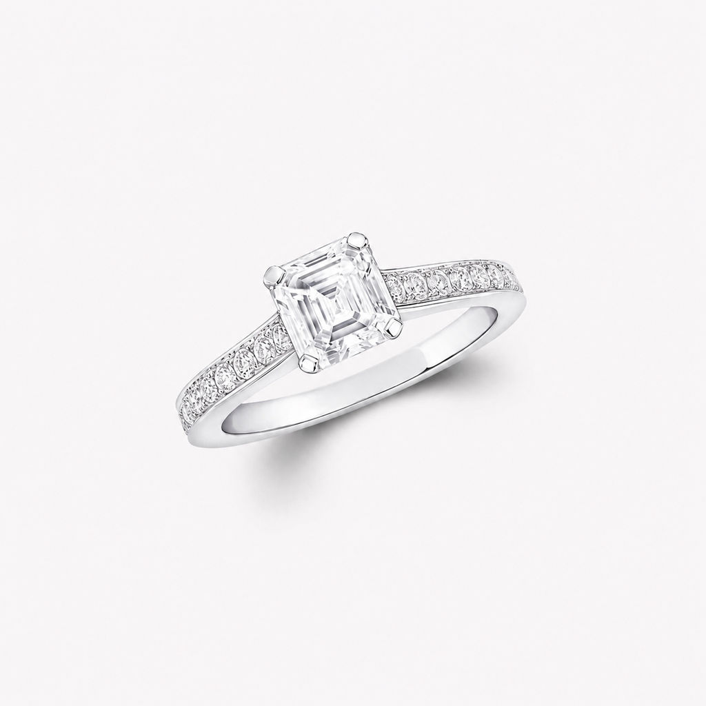 Flame 1.90 CT Square Emerald Cut Lab Diamond Pavé Engagement Ring – IGI Certified | 18K Gold