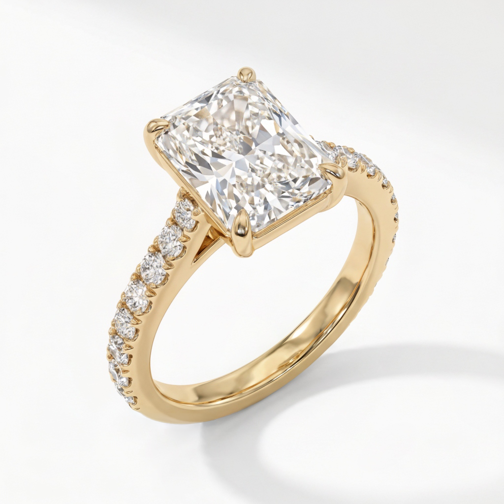 3.5 CT Radiant Cut Lab Diamond Engagement Ring in 18K Yellow Gold – IGI Certified