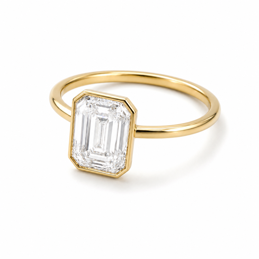 4 CT Emerald Cut Lab Diamond Bezel Ring in 18K Yellow Gold – E Color VVS2 IGI Certified