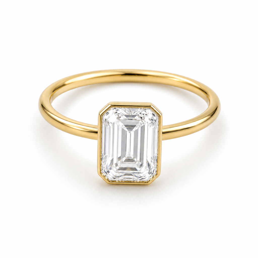 4 CT Emerald Cut Lab Diamond Bezel Ring in 18K Yellow Gold – E Color VVS2 IGI Certified