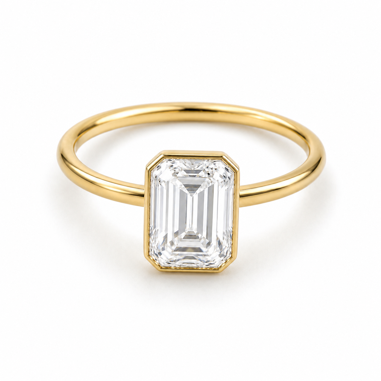 4 CT Emerald Cut Lab Diamond Bezel Ring in 18K Yellow Gold – E Color VVS2 IGI Certified
