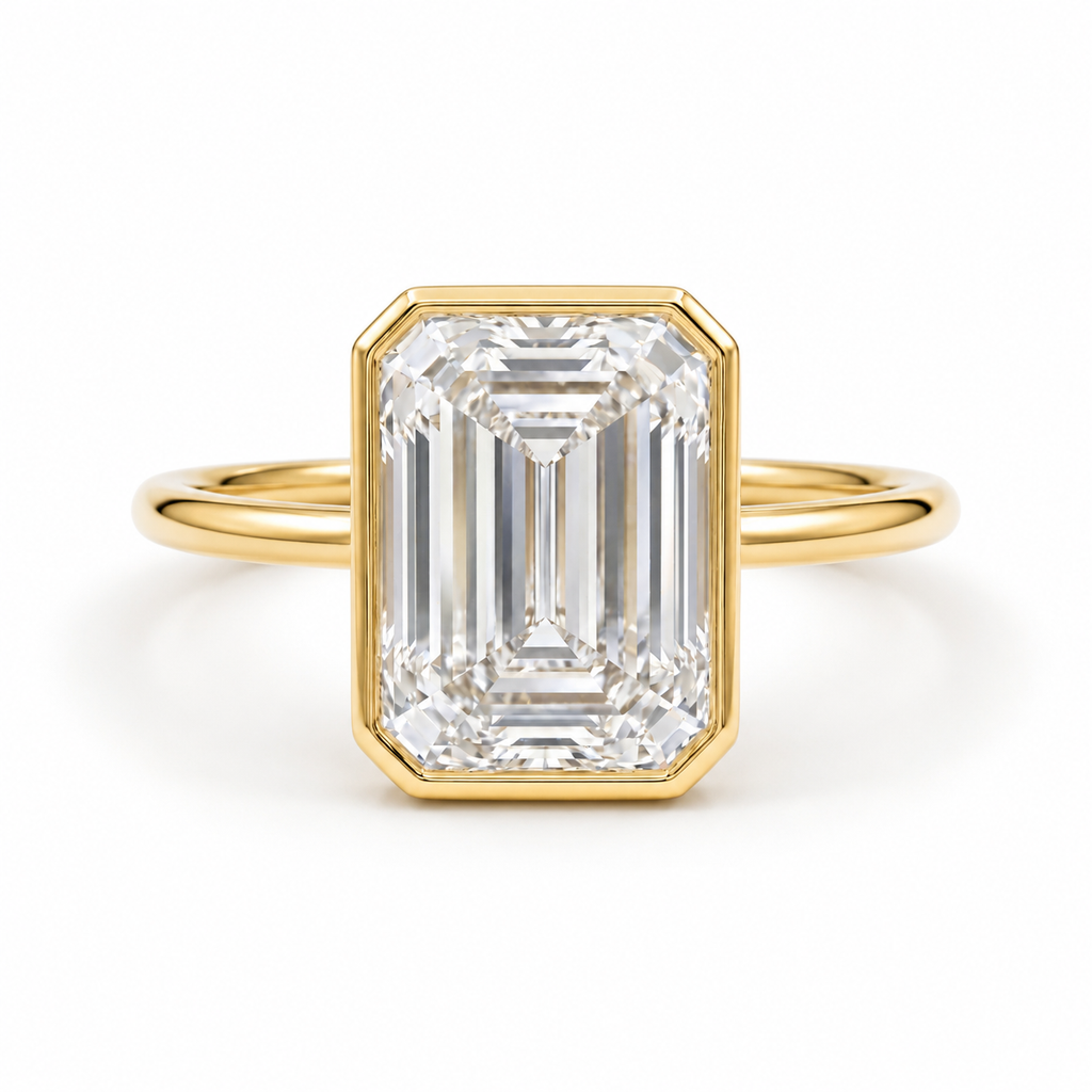 4 CT Emerald Cut Lab Diamond Bezel Ring in 18K Yellow Gold – E Color VVS2 IGI Certified