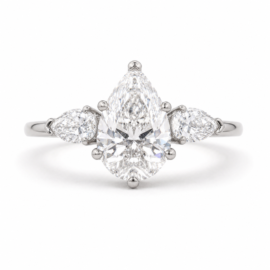 3.5 Carat Pear Shape Lab Diamond Ring with Side Stones –  18K white gold Engagement Ring