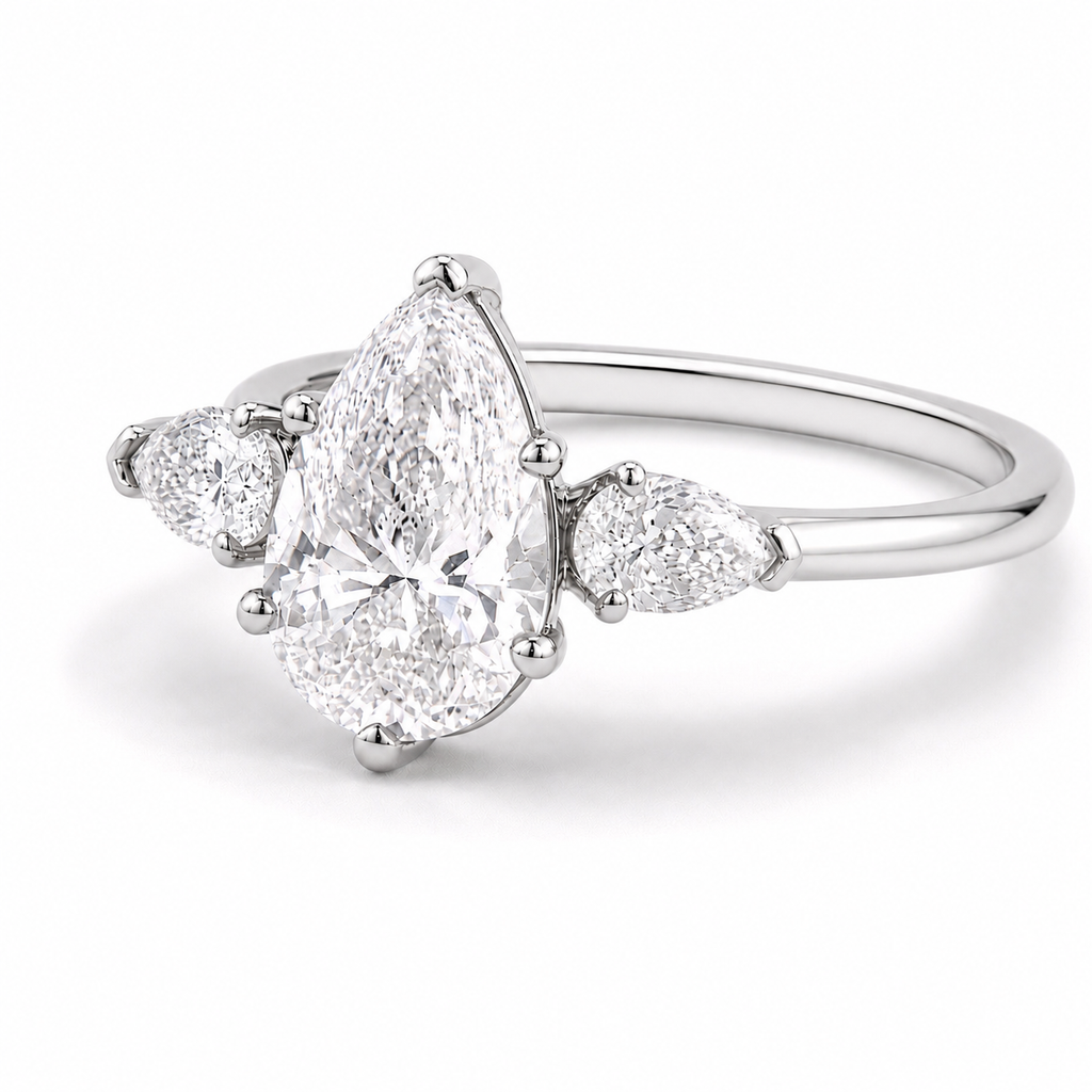 3.5 Carat Pear Shape Lab Diamond Ring with Side Stones –  18K white gold Engagement Ring