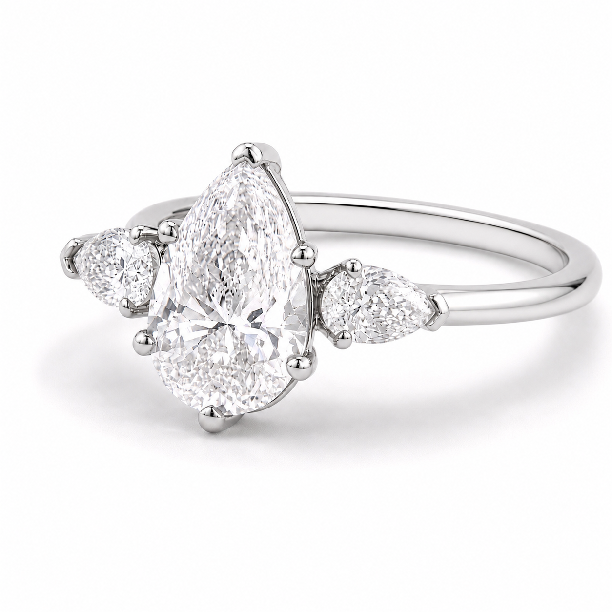 3.5 Carat Pear Shape Lab Diamond Ring with Side Stones –  18K white gold Engagement Ring