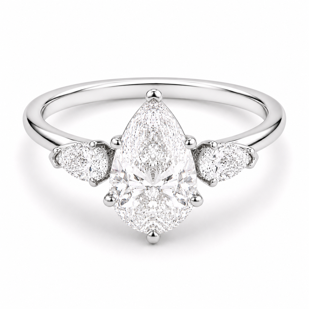 3.5 Carat Pear Shape Lab Diamond Ring with Side Stones –  18K white gold Engagement Ring