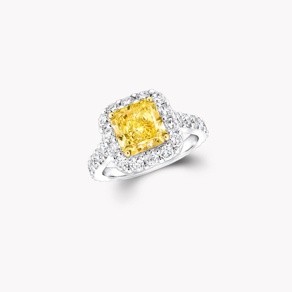 Anguroff Icon 2.44 Carat Fancy Vivid Orangy Yellow Radiant Cut Diamond Halo Ring in 18K Gold