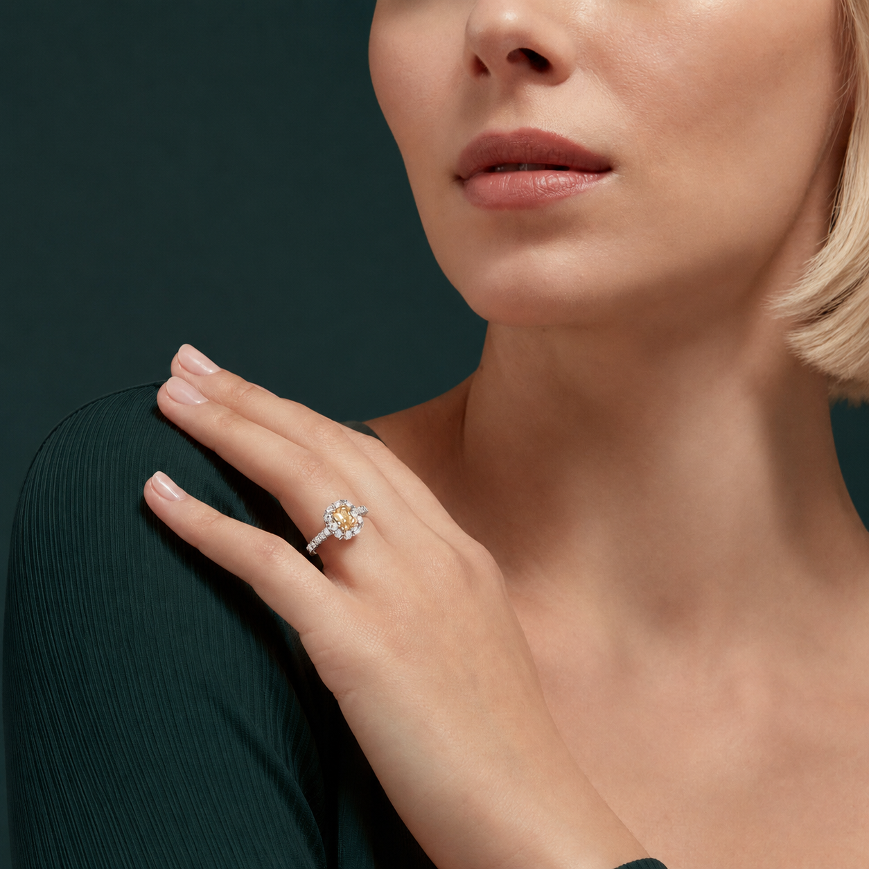 Anguroff Icon 2.44 Carat Fancy Vivid Orangy Yellow Radiant Cut Diamond Halo Ring in 18K Gold