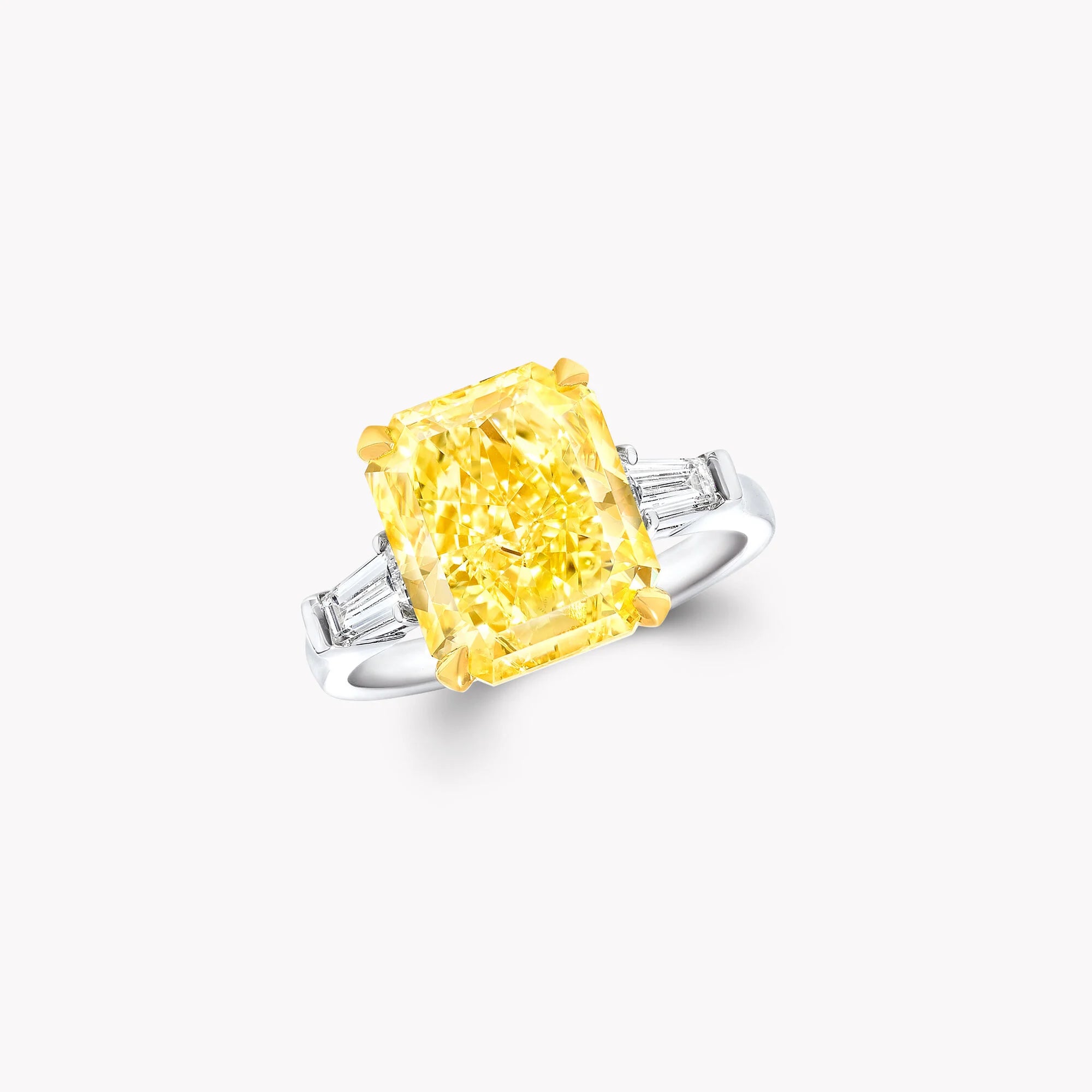 Anguroff 3 Carat Fancy Vivid Yellow Radiant Cut Diamond Ring with Side Stones in 18K Gold