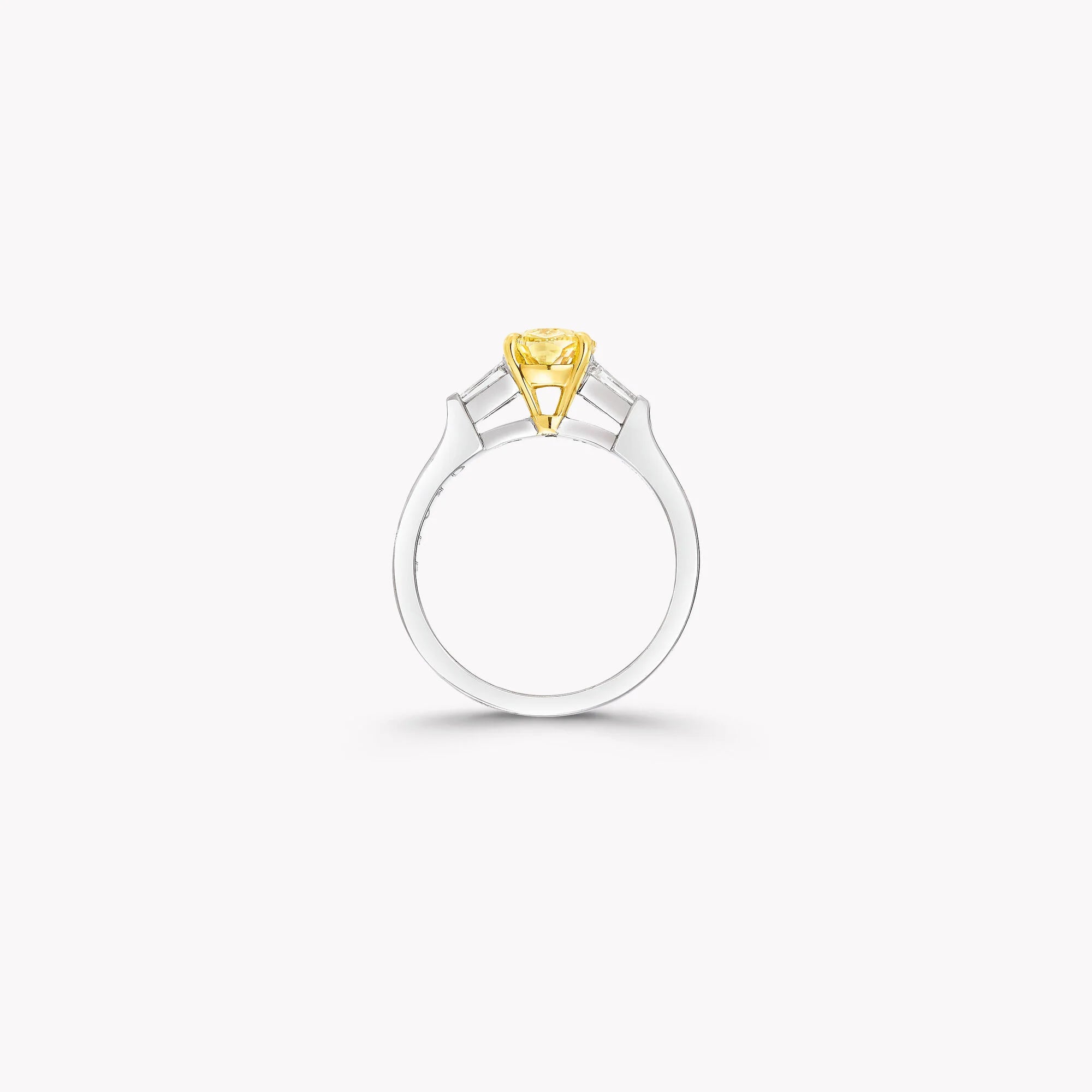 2.50 CT Oval Yellow Lab Diamond Ring with Tapered Baguette Side Stones – IGI Certified | 18K Gold