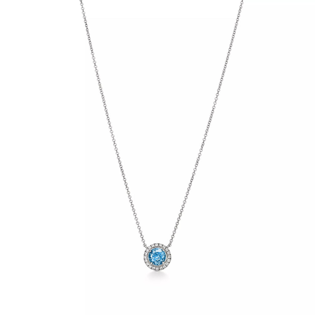 0.80 CT Round Aquamarine & Diamond Halo Necklace – 18K Gold