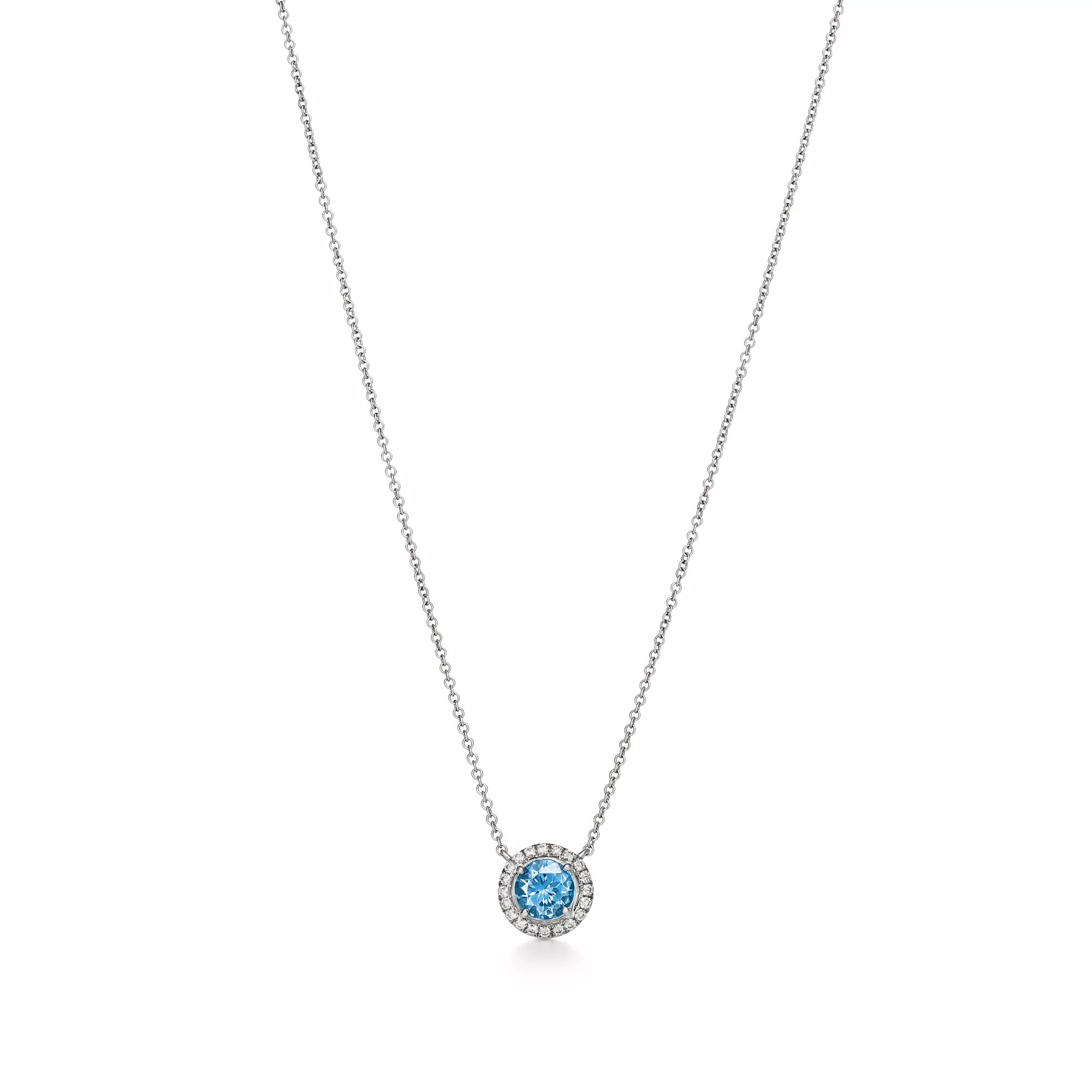 0.80 CT Round Aquamarine & Diamond Halo Necklace – 18K Gold