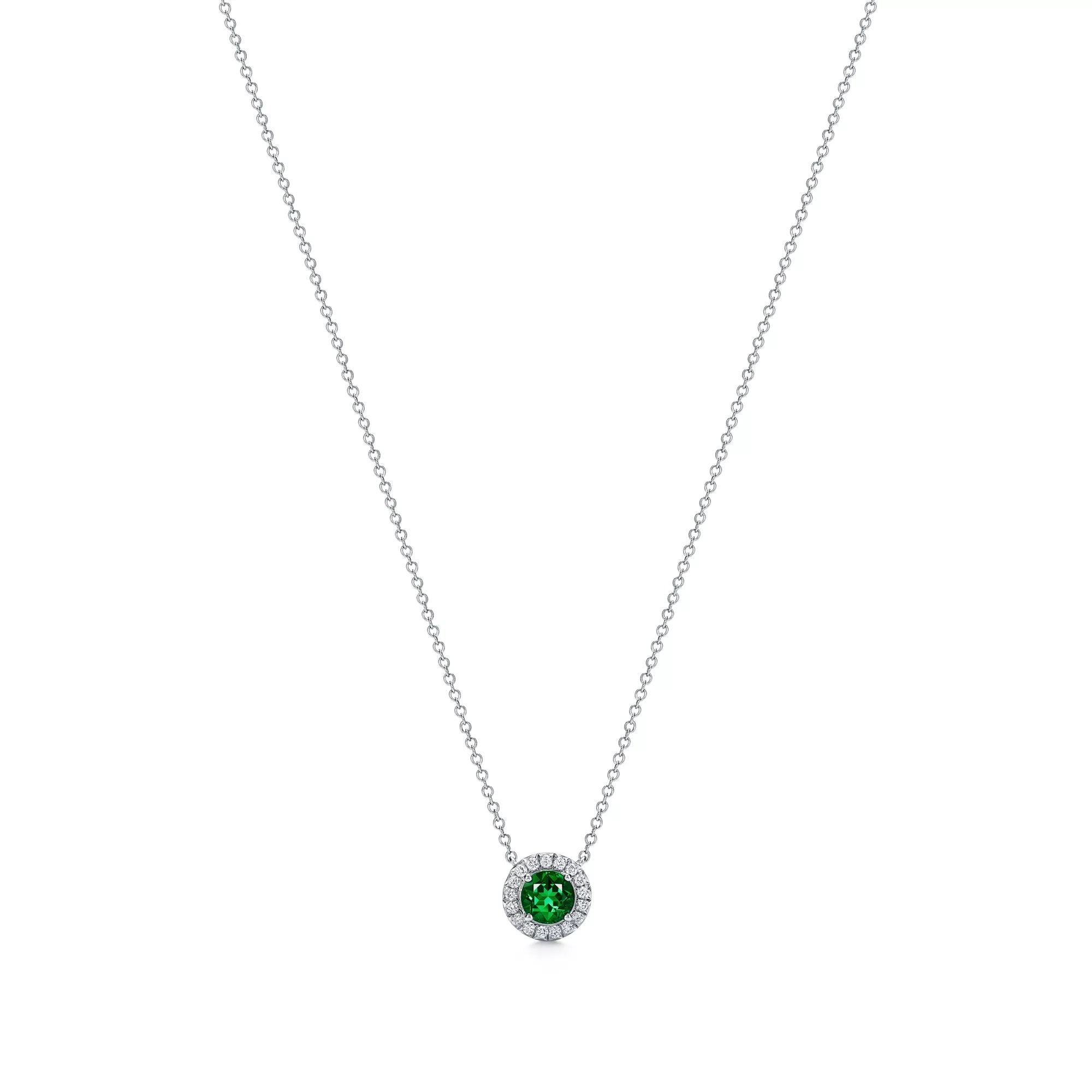 0.80 CT Round Emerald & Diamond Halo Necklace – 18K Gold